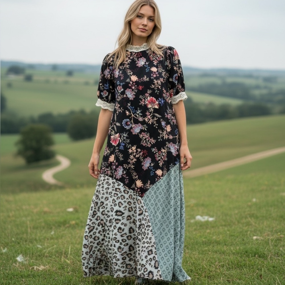 NWT New MELLODAY Black Floral Patchwork Maxi Dress Size XL